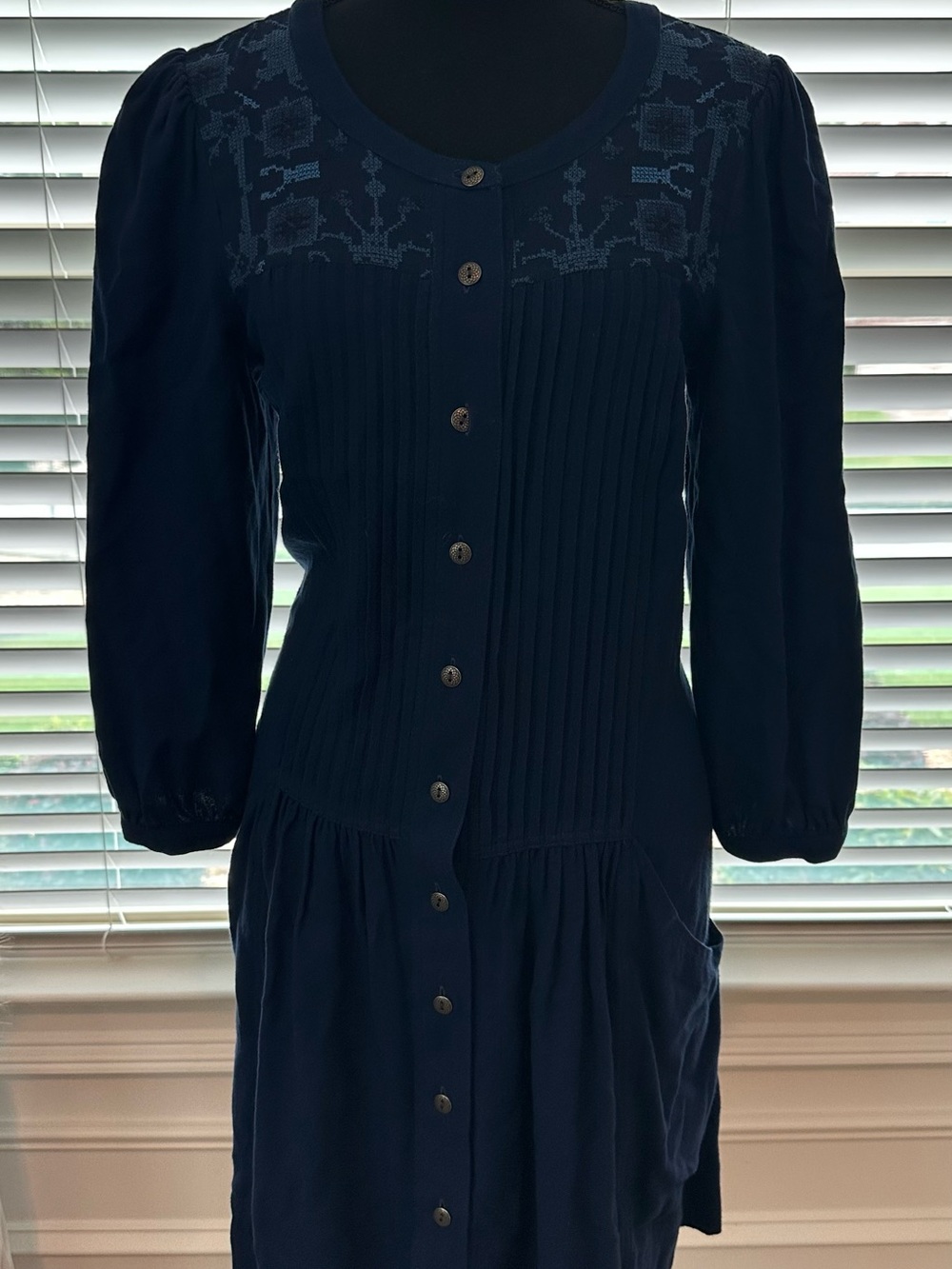 Anthropologie Navy Embroidered Yoke Button-Front Midi Dress